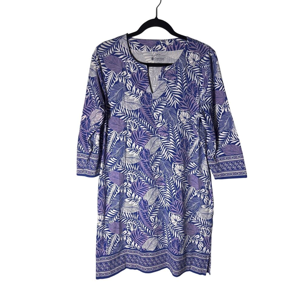 Coolibar Oceanside Tunic Dress Tropical Blue Purple Leaf Print Size Large Summer
